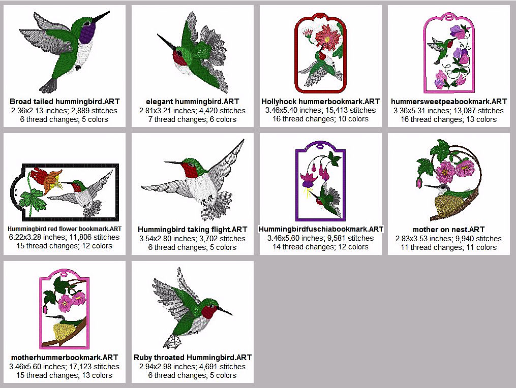 hummingbird bookmark size chart
