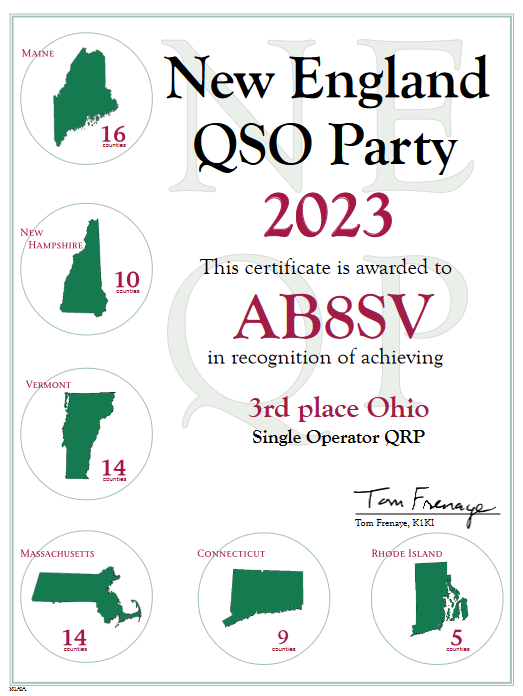 ab8sv New
	England QSO Party Certificate