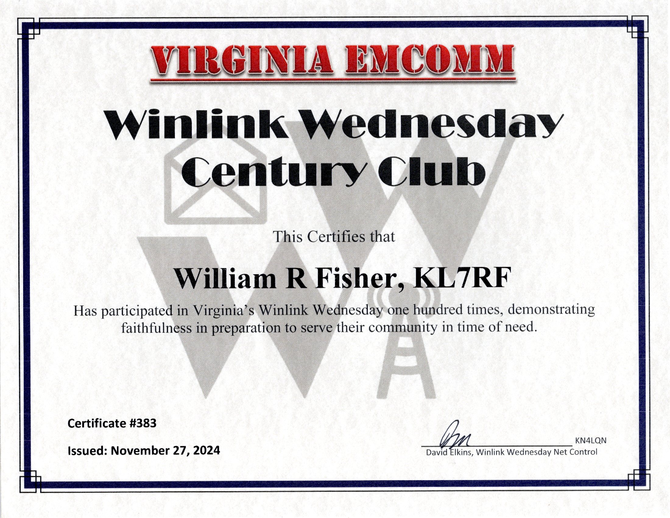 KL7RF Winlink Wednesday Cert.