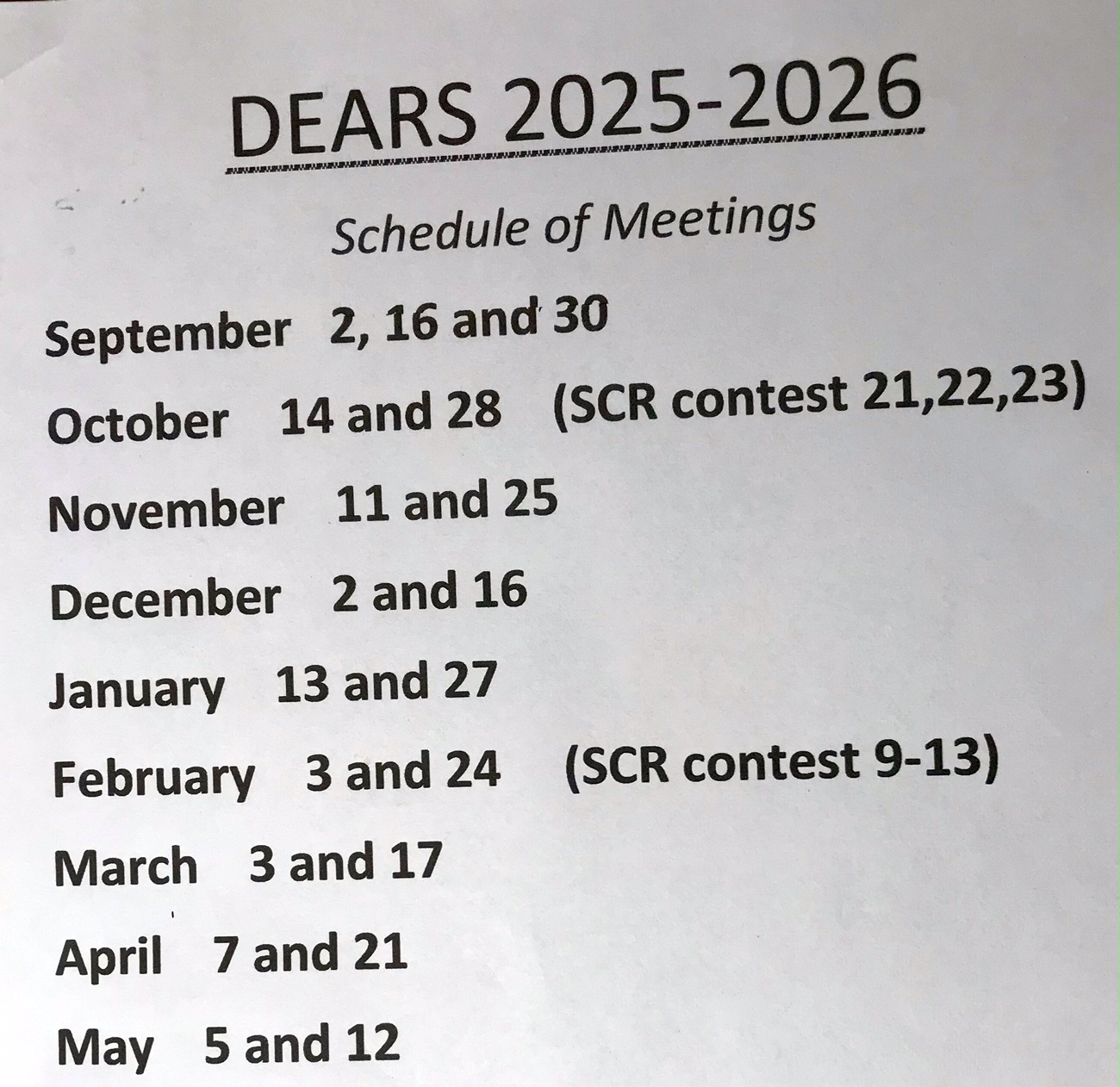 DEARS schedule