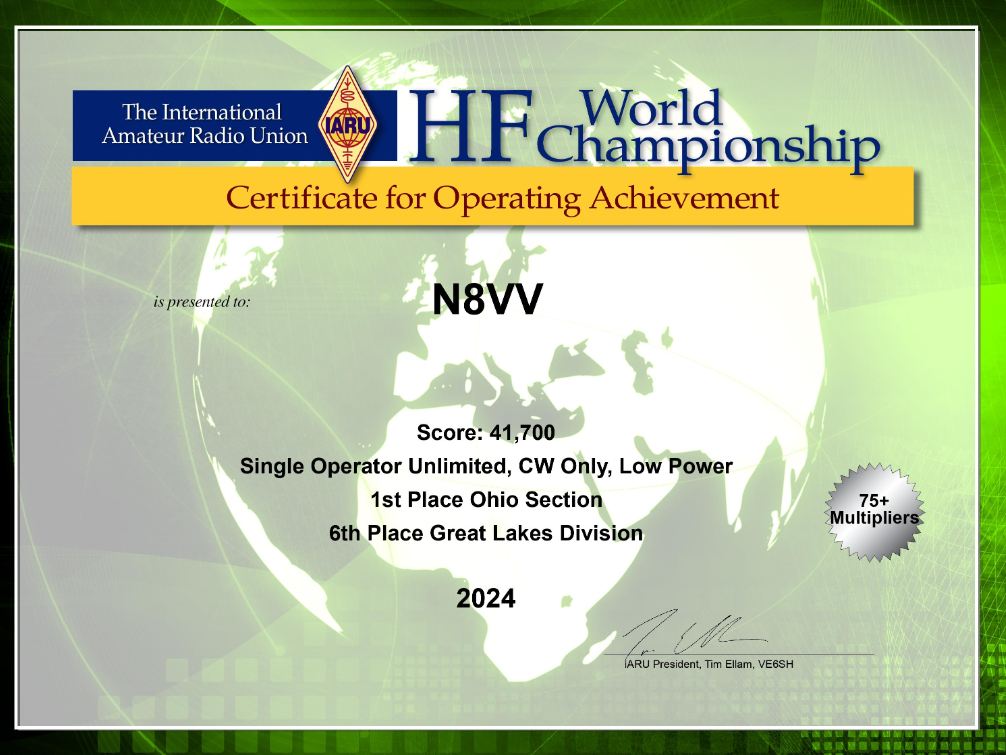 IARU Certificate for N8VV.